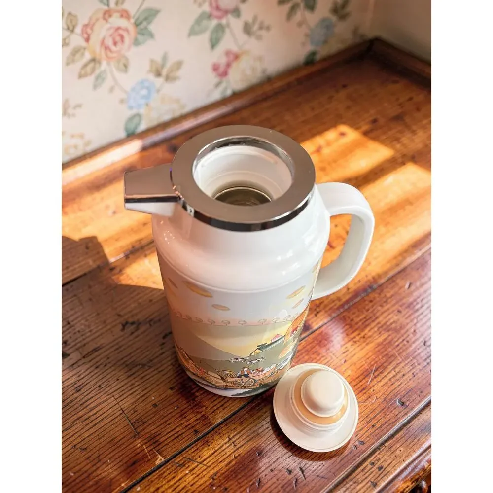 Vintage 1980s Japan Thermal Carafe Pastoral Farm Scene Vacuum Coffee Pitcher